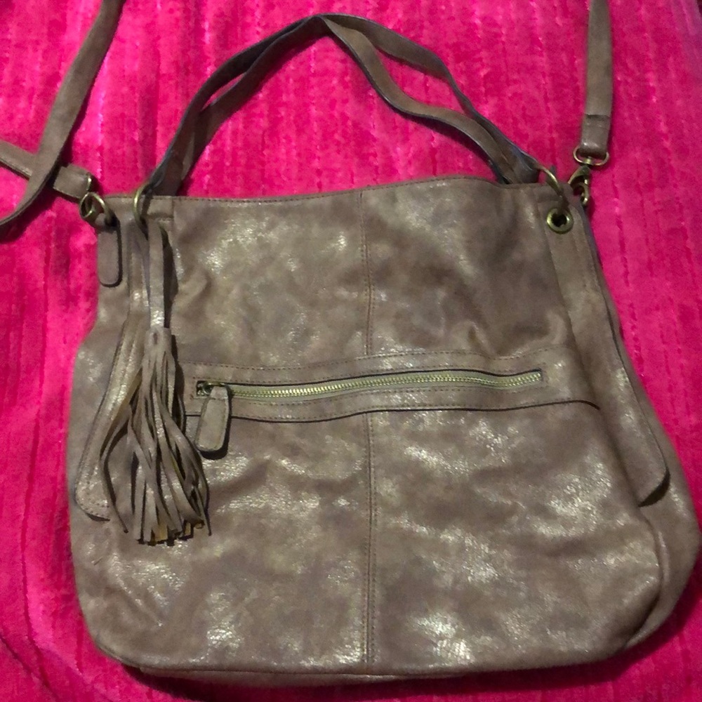 Brown crossbody purse with gold shimmer